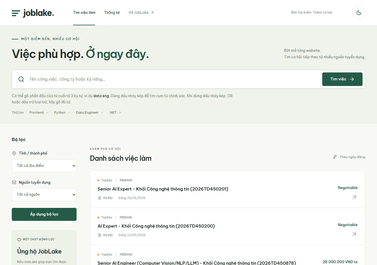 The live JobLake website with keyword search, source and city filters, and job listings